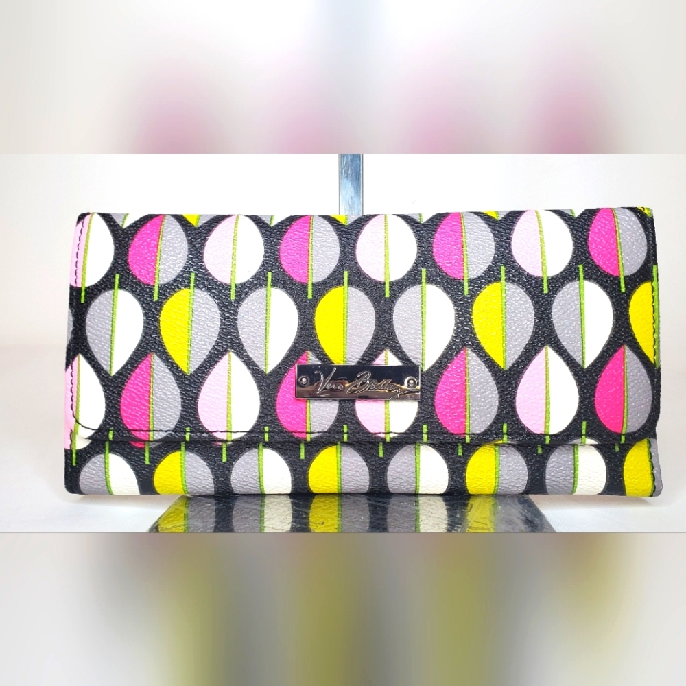 Vera Bradley Black Wallet with Pink, Yellow, and White Leaf Pattern